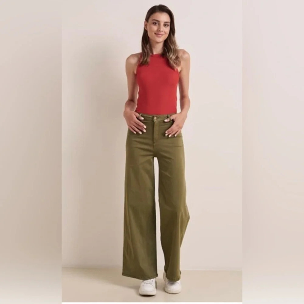 Jimmy Key Lyocell Cotton Wide Leg Pants Khaki Green High Rise Size L Casual